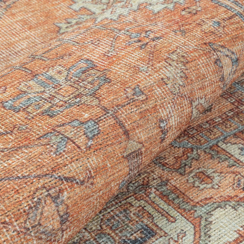 GLN Rugs Traditional Collection - Machine Washable Area Rug, Traditional Washable Rug, Non Slip Washable Rug, Low Pile Chenille Living Room Rug, Bedroom Rug, Kitchen Rug (Burnt Orange Rug)
