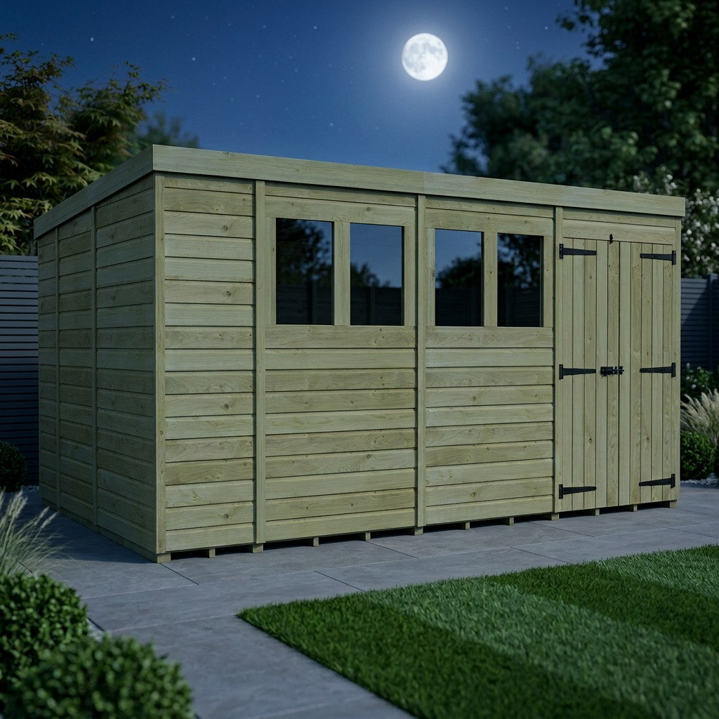 Total Sheds 14ft x 9ft Pent Garden Shed - Double Door - With Windows - Pressure Treated Timber - UK Manufactured