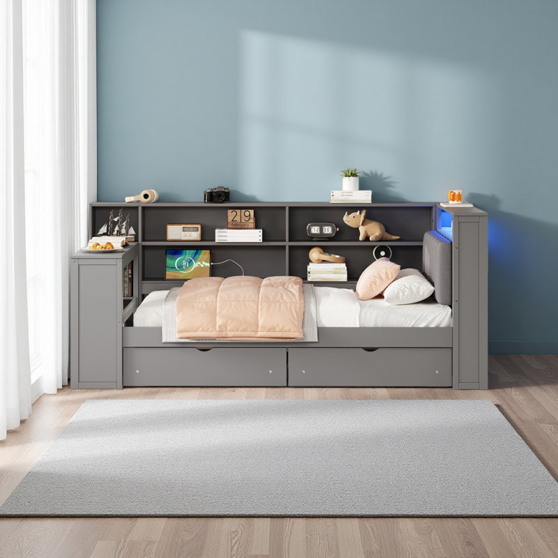 Lit plateforme en bois avec tablettes de rangement, tiroirs, station de charge, DEL, bureau et tête de lit tapissier, Gris