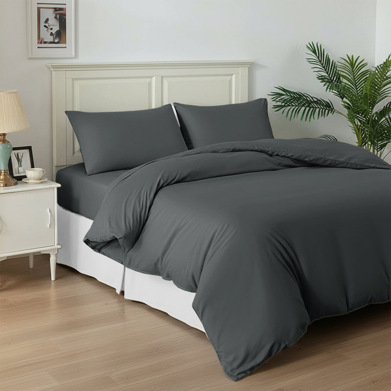 Super Soft Reversible 4 piece Plain Duvet Cover Set with Pillowcases, Double Duvet Cover + 3 Additional Pieces, Charcoal