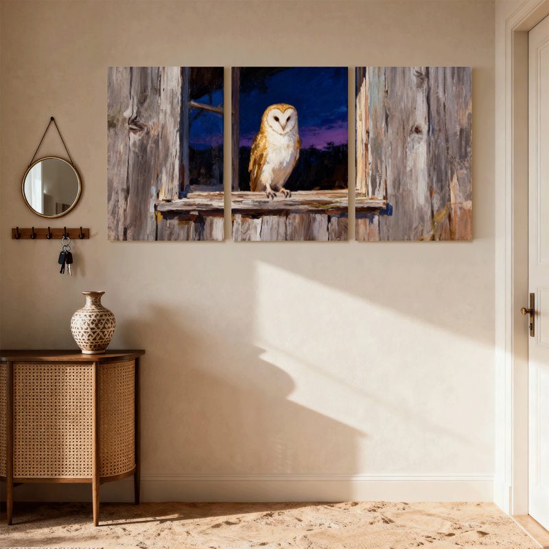 Oiseaux hiboux perchés sur un cadre de fenêtre la nuit, ensemble de 3 impressions sur toile, H 18 po x l 36 po