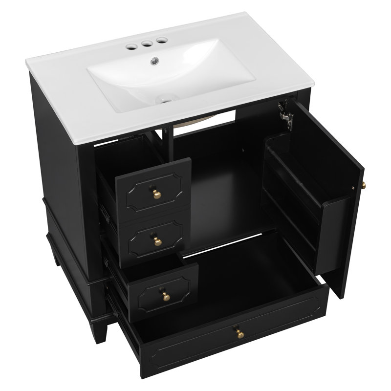 Armoire de rangement autoportante pour salle de bain 30 po avec lavabo en céramique, cadre en bois massif, porte à fermeture en douceur, 3 tiroirs et tablettes incluses