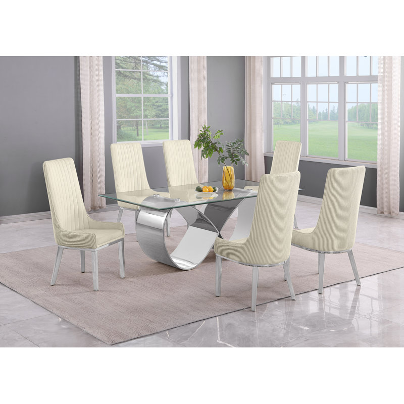 Ensemble de salle à manger en verre trempé avec chaises à dossier plissé, Crème, crème, Argent argent
