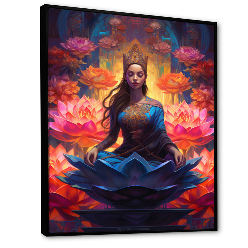 Bleu, rose, yoga, fleur de lotus, yogini, femme, 32" H x 16" W, Cadre flottant noir