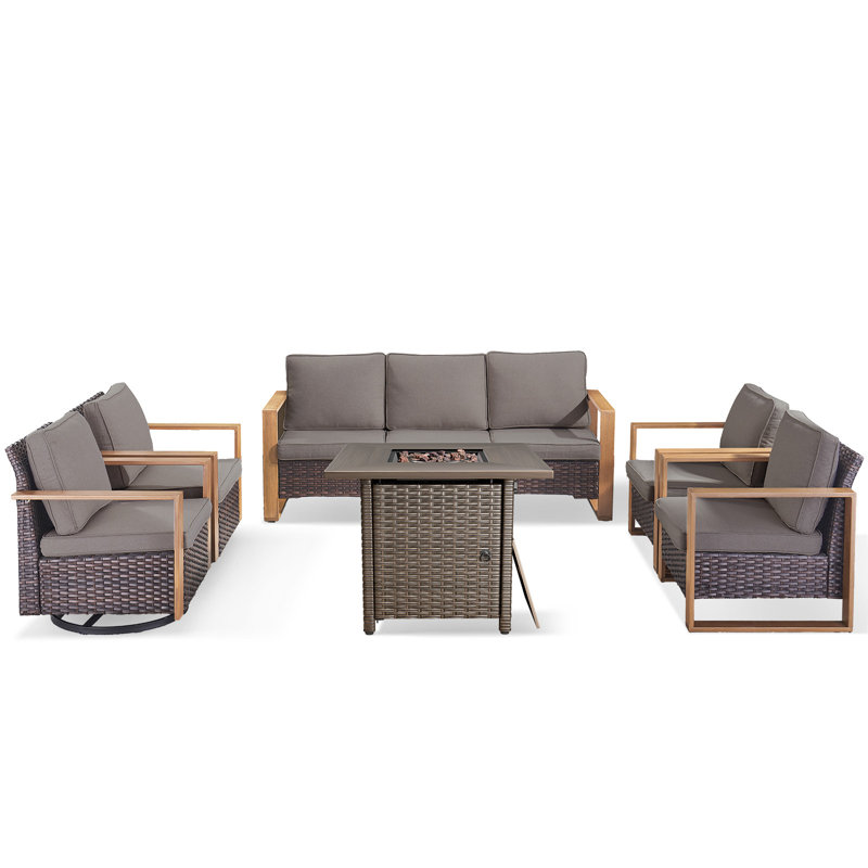 Palomares 6-Piece Outdoor Conversation Set With Swivel Gliders And Square Fire Pit Table, 7-Person Wicker Patio Seating With Armchairs
