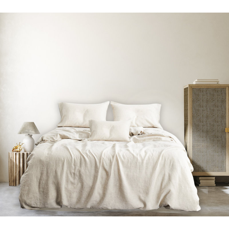 Ensemble de housse de couette en lin 3 pièces , Housse de couette double / double + 2 taies d'orei, Gruau