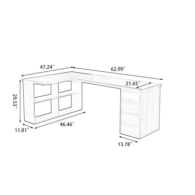 Bureau en bois massif en forme de L brun noyer avec 3 tiroirs, H 29,53 po x l 62,99 po x P 47,24 po, Retour à gauche
