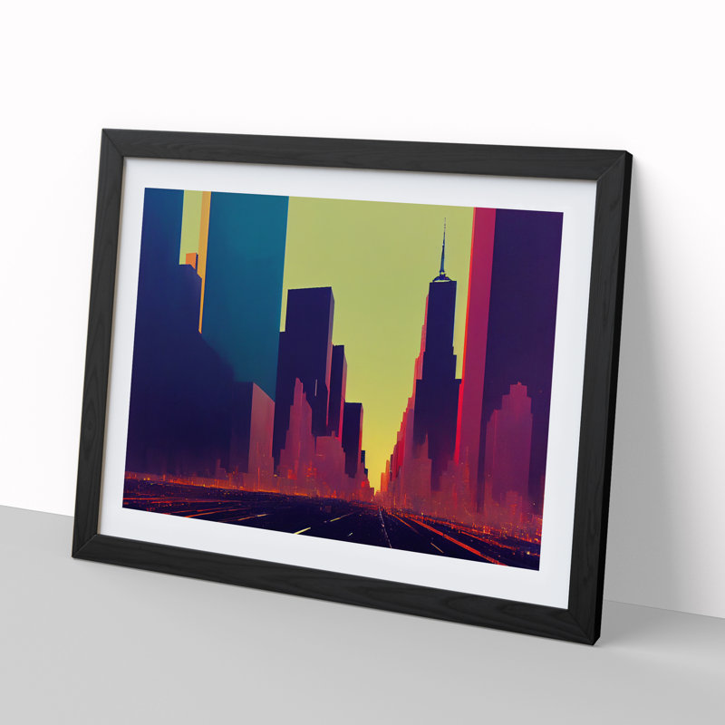 Cyberpunk New York Skyline Vol.3 - Single Picture Frame Print, Black, 46cm H x 64cm W x 2cm D
