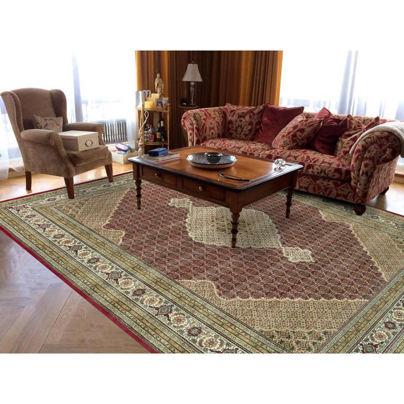 10'x14'3" Crabby Apple Red Shiny Wool Tabriz with Hand Knotted All Over Mahi Design Rug