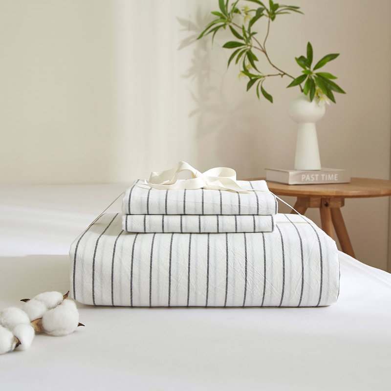 Ensemble de housse de couette à rayures 100% coton délavé Life, Housse de couette grand + 2 taies d'oreiller, Blanc/Noir