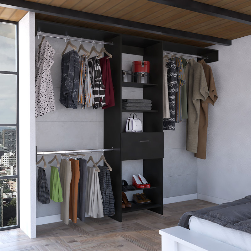 Manchester 250 Closet System with 5 Open Shelves, 1 Drawer, and 3 Metal Rods, Black
