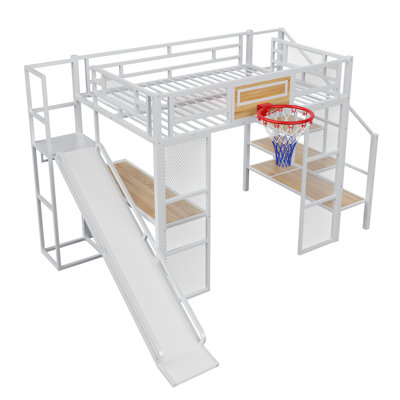 Lit mezzanine double en métal avec bureau intégré, garde-robe ouverte, panier de basketball, glissade et escalier