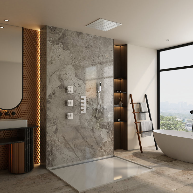Large Chrome Dual Square Ceiling Mounted Shower System with Body Jets