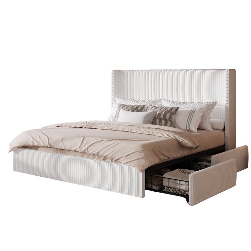 Upholstered Corduroy Bed with 4 Storage Drawers, Queen Size Platform Bed with Wingback Headboard, White, White, Queen