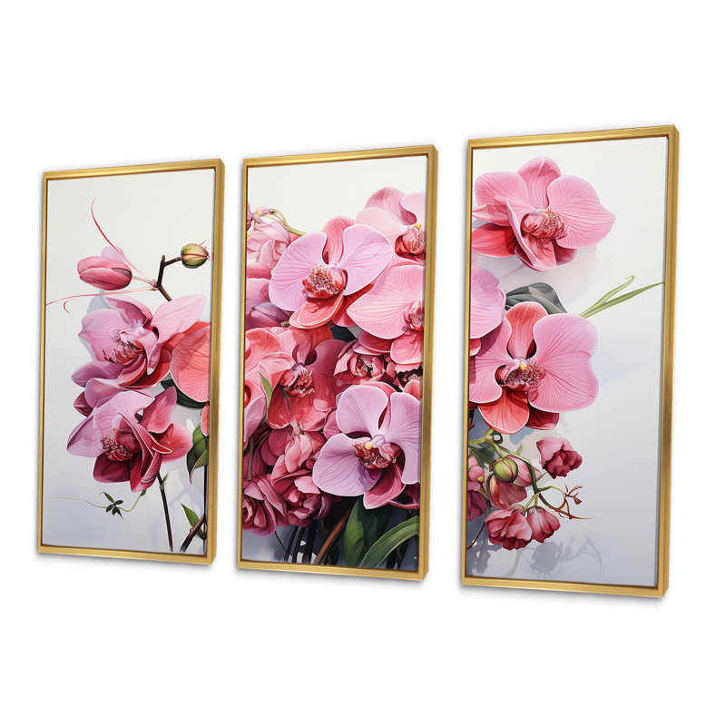 «Pink Orchids Minimalisme Dream» - ensemble d'art mural Orchidées, Cadre flottant doré, H 40 po x l 60 po x P 1 po