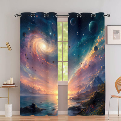 2PCS Grommet Top Blackout Window Curtains, Cosmic Swirl Galaxy Universe Printed Polyester Drapes, Thermal Insulated, Noise Reducing, Privacy Protection, Room Darkening Window Coverings for Bedroom Living Indoor Home Decor