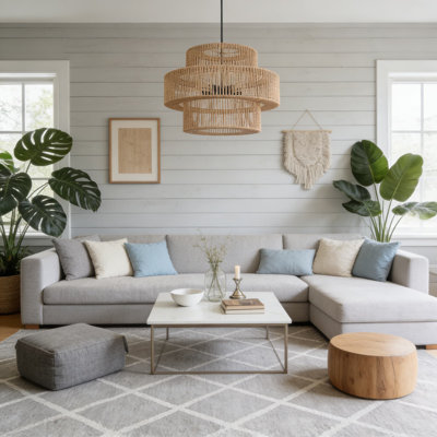 22 Inch Hand Woven Rattan Chandelier Light Fixture, 5-Light Farmhouse Pendant With Triple-Tier Wicker Design For Kitchen Island, Dining Room, Living Room, And Bedroom