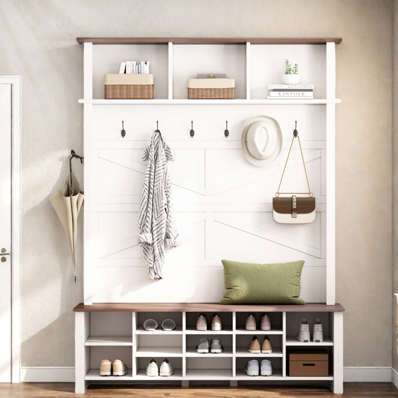 Hall Tree 56.3'' Wide with Bench and Shoe Storage, White