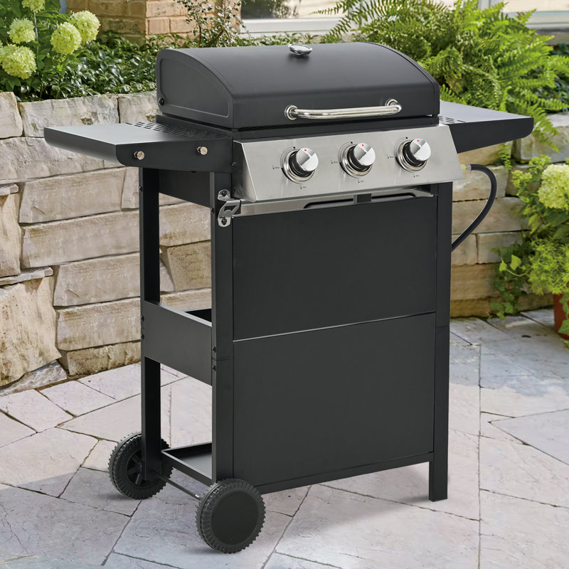 Black Stainless Steel 3-Burner Propane Gas Grill with Wheels