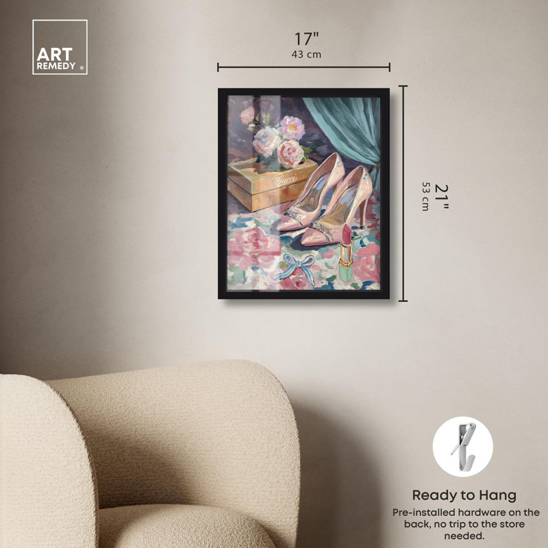 «Pink Heels Shadowbox Print» par Art Remedy, Noir, H 21 po x l 17 po