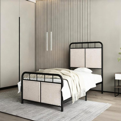 Lit plateforme simple en métal avec revêtement en lin, têtes et pieds en tissu, structure durable, fonctionnement silencieux, assemblage rapide sans complexité, aucun sommier nécessaire, 250 lb