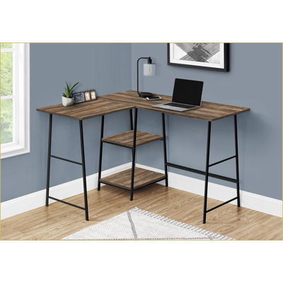 Bureaux, bureau d'ordinateur de coin industriel avec tablettes de rangement, L 48 po en forme de L | Stratifié brun | Métal noir