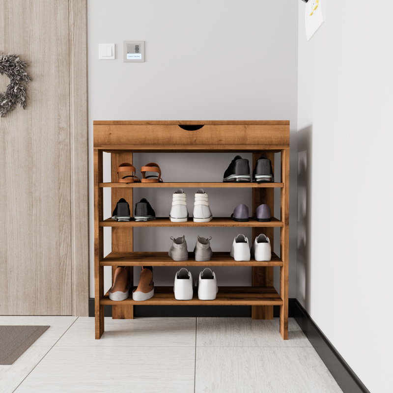 Armoire à chaussures moderne, couleur noyer, 31,5 po x 35,4 po x 11,8 po | Panneau de particules 100% mélaminé, nombreuses tablettes, conception à fixation murale | Solution de rangement élégante pour le vestibule organisé et la maison