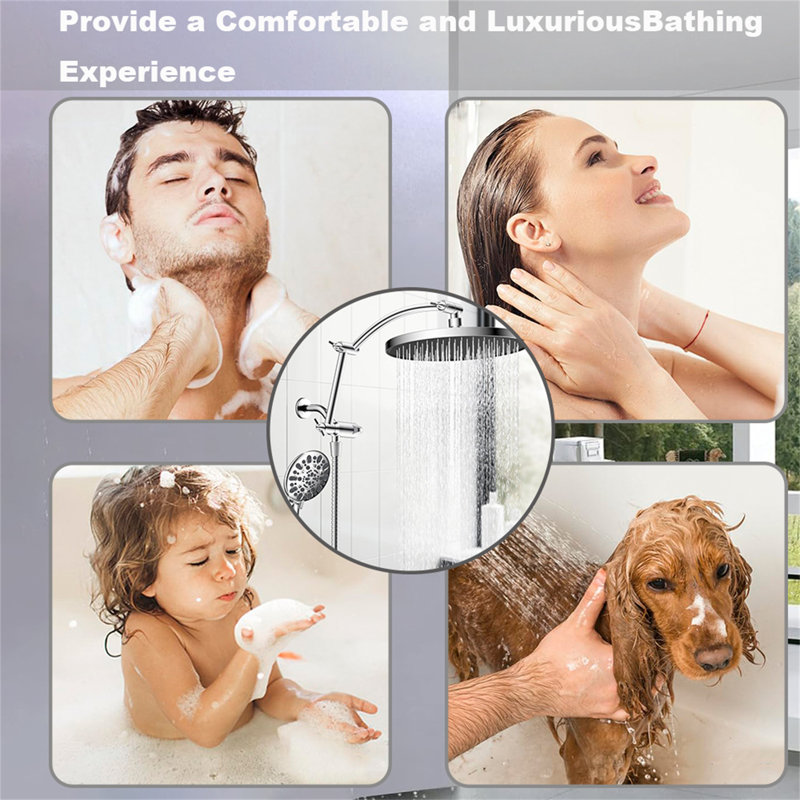 10-Inch Rainfall Shower Head With High-Pressure Handheld Spray, 16-Inch Adjustable Curved Shower Arm Extension, 7 Spray Settings, 71-Inch Hose & Sticky Shower Holder