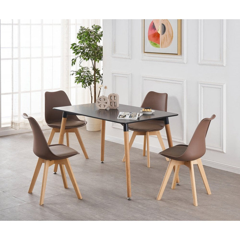 Suellen 4 Person Dining set - a Rectangular Plastic Dining Table with Wooden Legs and a Set of 4 Faux Leather Cushion Padded Dining Chairs for Dining Room - Modern Dining Table Set