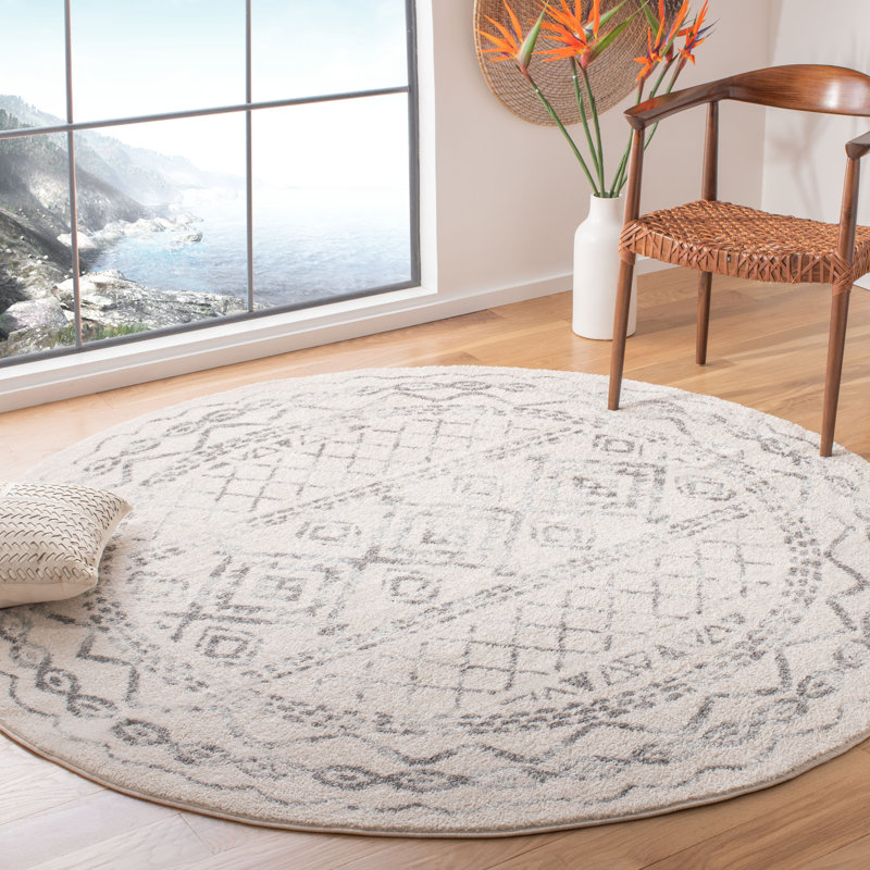 Hooked Geometric Ivory/Grey Rug, Round 201 cm