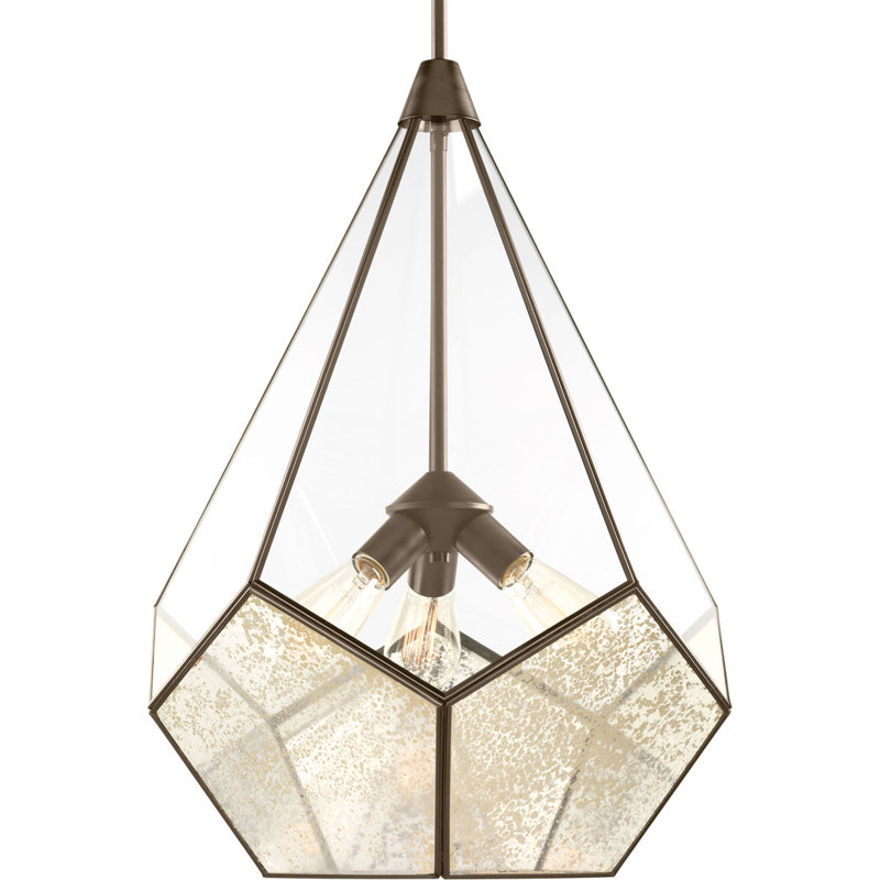 Luminaire suspendu géométrique unique à 3 lumières Tiedeman, Bronze Antique, Clair