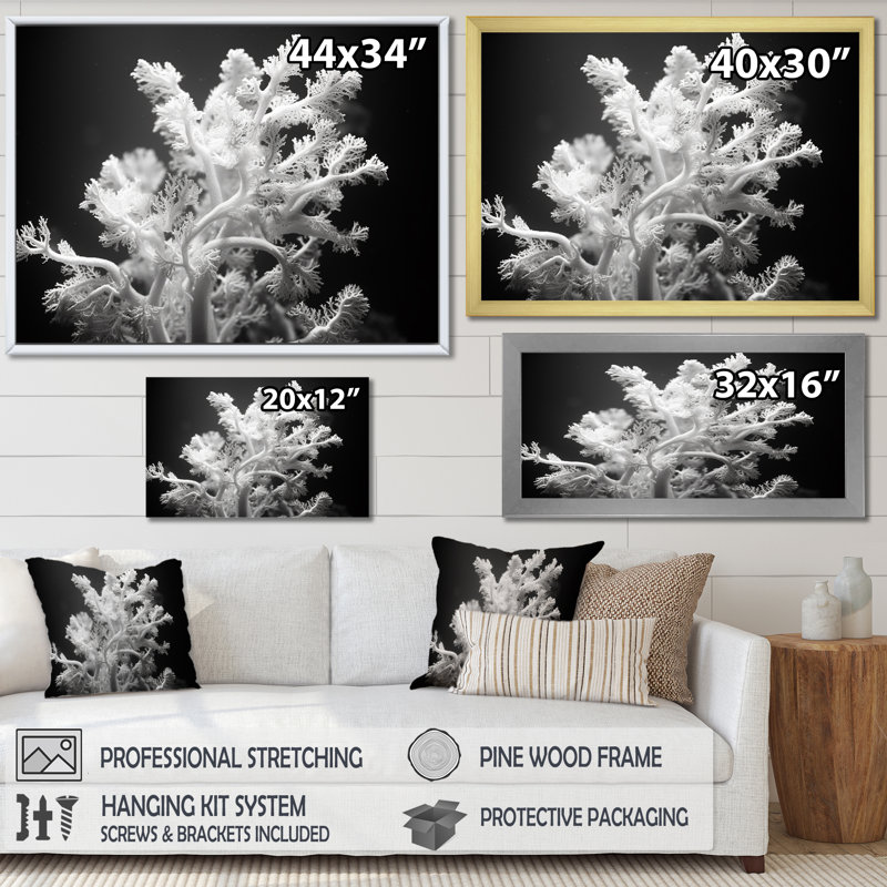 «Black and White Coral Plant I - Beach & Ocean», reproduction sur toile, H 30 po x l 40 po x P 1,5 po, Cadre photo doré