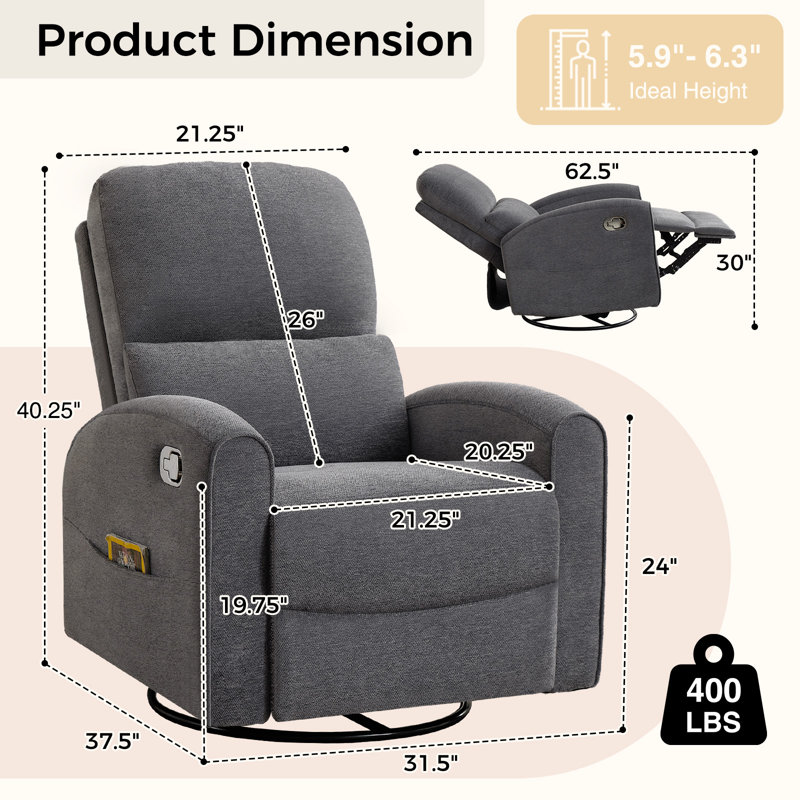 32" W Modern Upholstered Swivel Rocker Glider Nursery Recliner with Adjustable Headrest, Lumbar Support, Gray Chenille