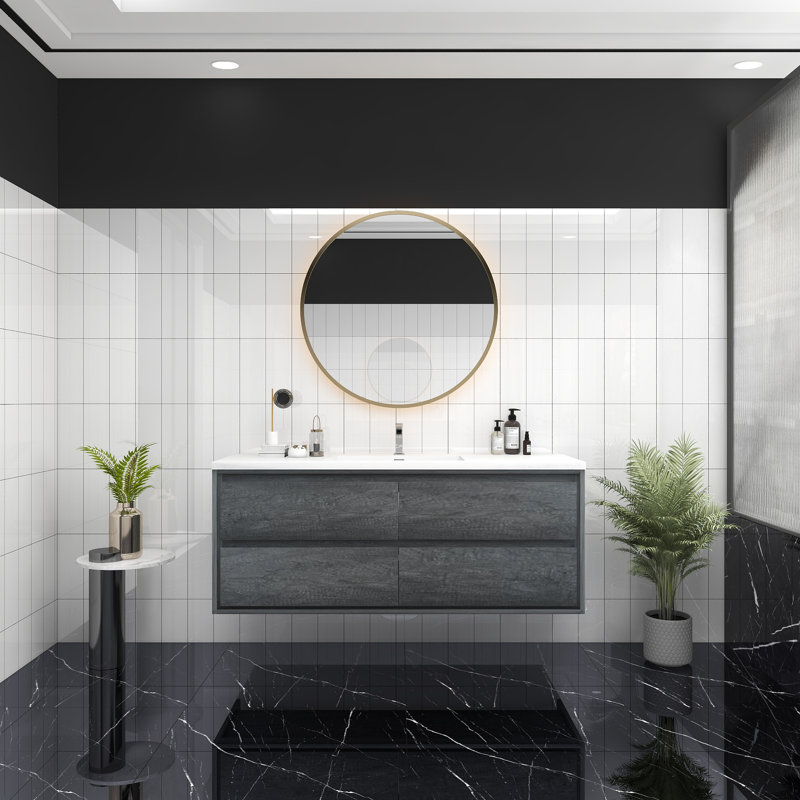 Meuble-lavabo mural Jack 60S en chêne fumé avec lavabo en acrylique renforcé, Chêne fumé