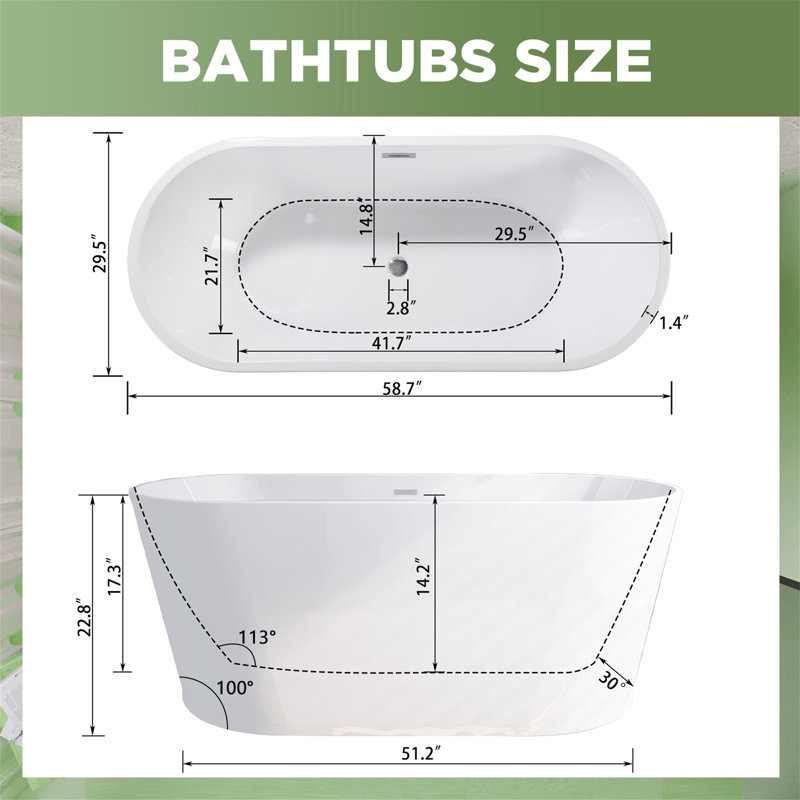 Baignoire autoportante en acrylique blanc brillant de 59 po - Baignoire de trempage autonome, drain chromé Toe-Tap, certification Cupc et conception compacte