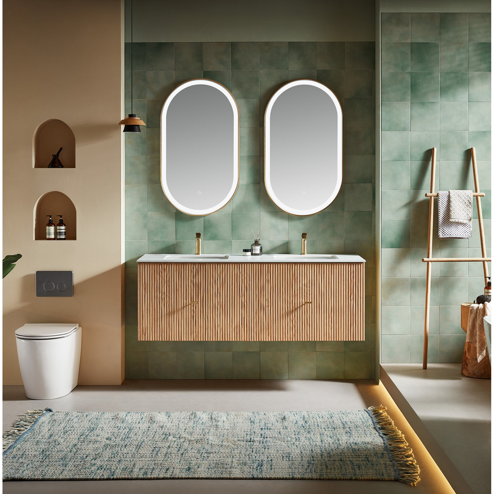 Jamell 60'' Double Bathroom Vanity, White, Natural Oak