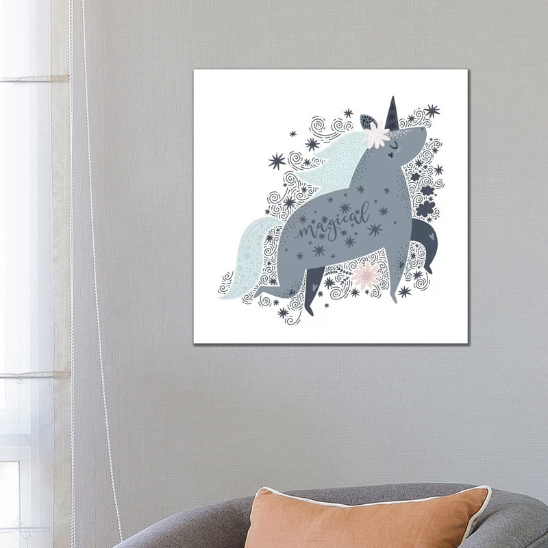 Super Unicorn Designs - Grey Magical Unicorn 1 Piece Wrapped Canvas Wall Art, 66.04 cm H x 66.04 cm W x 1.91 cm D