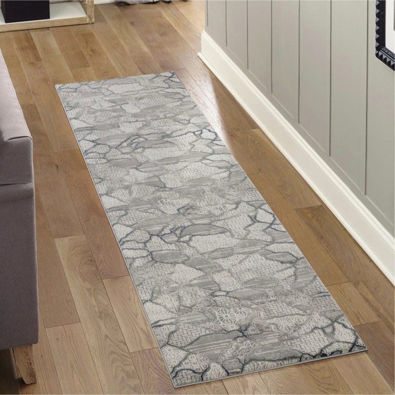 2 pi 7 po Tapis de couloir abstrait et gris X 9 10, fabriqué à la machine, style Art et contemporain, matériau, teinture, motifs modernes et décontractés d'une hauteur de 0,43 po, 100%, envers en jute et animal de compagnie