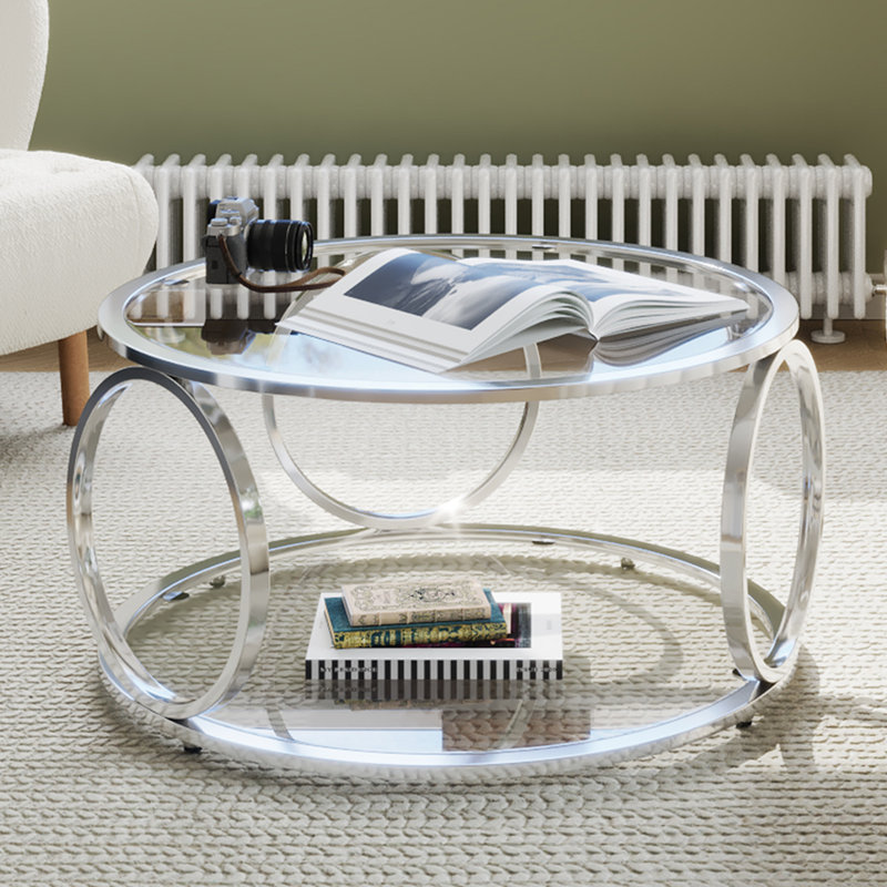 Table basse ronde en verre avec rangement ouvert