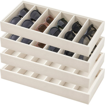 4 plateaux de rangement en velours pour lunettes de soleil, 6 compartiments, empilables, pour lunettes de femme, bijoux et montres (beige)