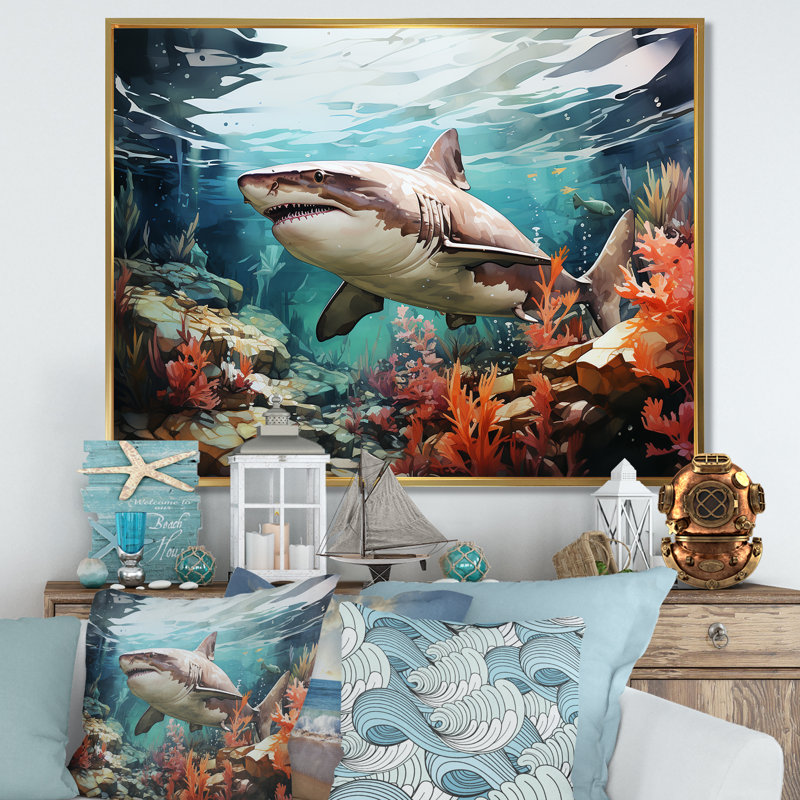 " Silent Hunter Sharks Portrait IV ", 34" H x 44" W x 1.5" D, Gold Floater Framed