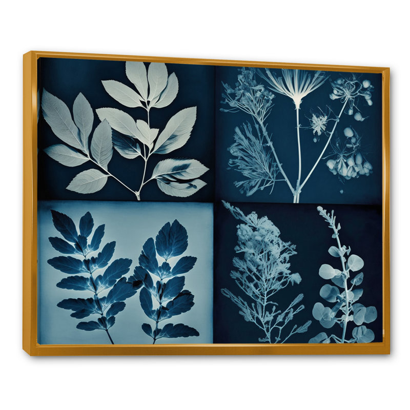 Fleurs sauvages rétro dans les tons de bleu - reproduction sur toile, H 30 po x l 40 po x P 1,5 po, Cadre flottant doré