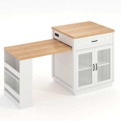 73" Kitchen Island with Extendable Table for 2-6, Rolling Kitchen Cart with Storage Cabinets, Drawers and Power Outlet, Mobile Kitchen Island Cabinet