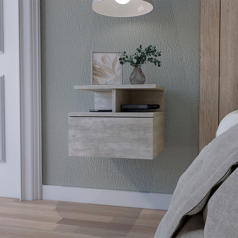 Table de chevet flottante en béton avec 2 tablettes et rangement généreux pour les objets de la chambre à coucher, Gris clair