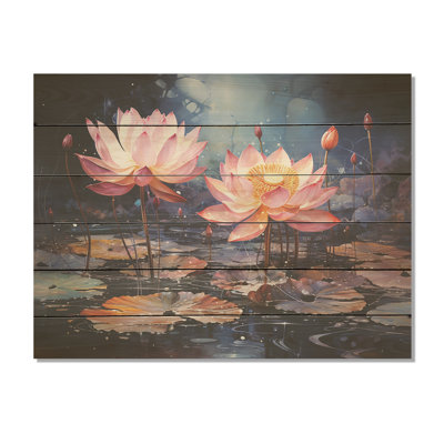 Enchanted Lotus Waters - Art mural en bois de lotus sur bois de pin naturel
