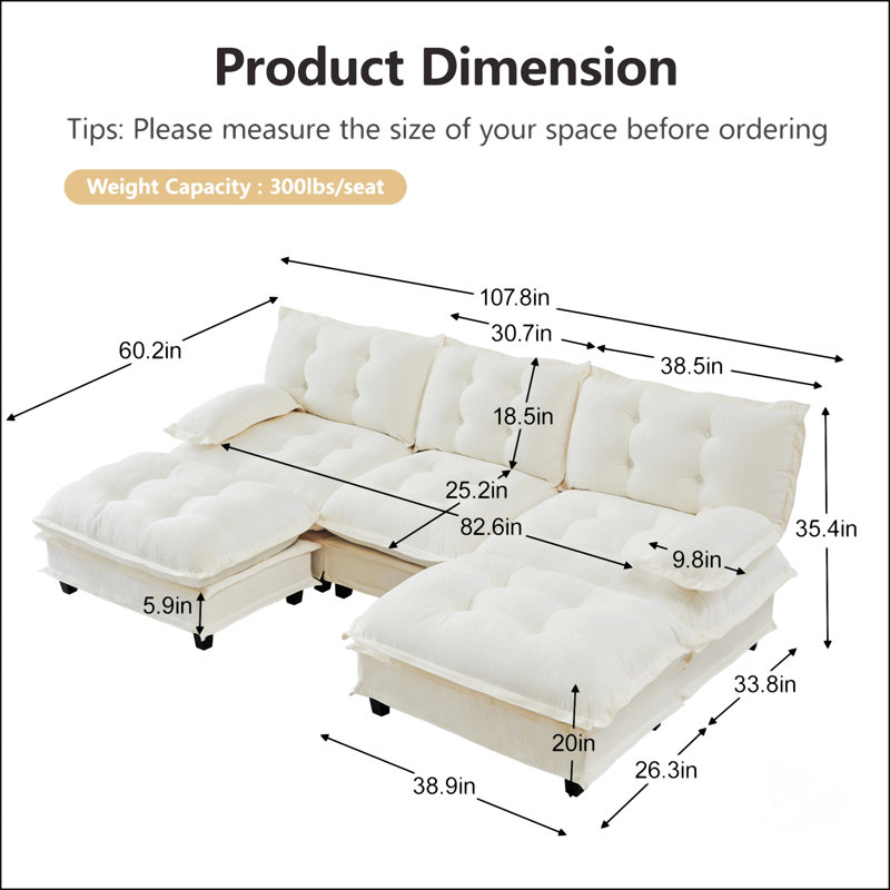 Canapé modulaire en L moderne avec repose-pieds, assise profonde et coussins en chenille confortables pour le salon et la chambre à coucher