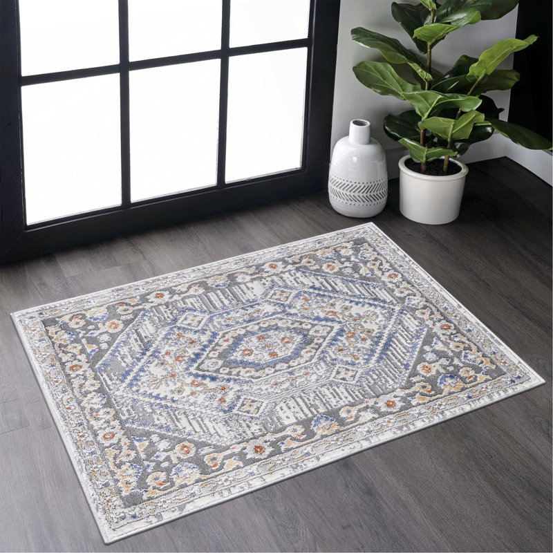 Collection Blue/Cream/Bordered Non-Shedding Living Room Bedroom Dining Home Office Stylish And Stain Resistant Area Rug