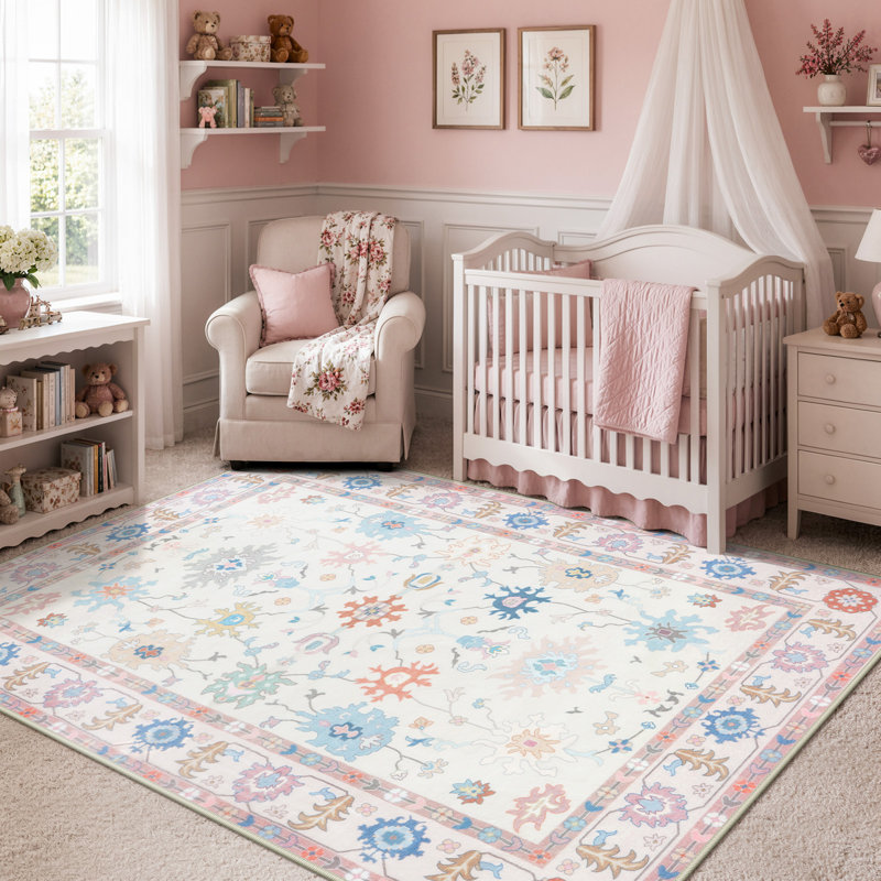 Kaldi Washable Oushak Runner, Non Slip Area Rug for Bedroom, Floral Boho Runners Vintage Mat, Rectangle 5' x 7'