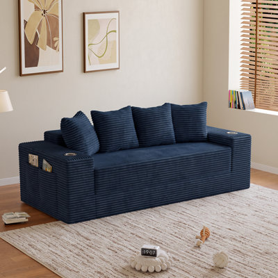 78" Convertible Sofa Bed, Corduroy Pull Out Couch Loveseat with Storage Pocket, Modular Design, No Assembly, Blue