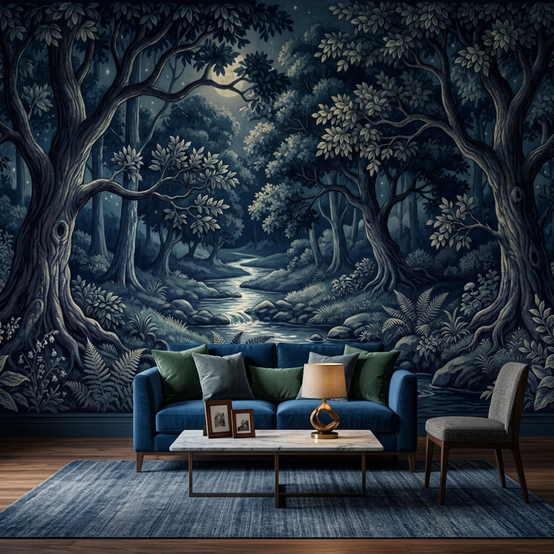 Décoration murale amovible Moonlit Forest Winding Creek Night Landscape, Texturé non collé, 100 po x 96 po